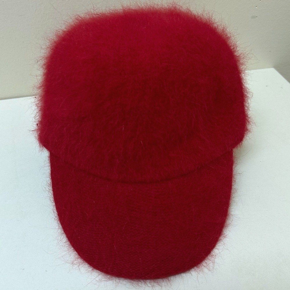 Red Fuzzy Angora Blend Baseball Cap Adjustable Hairy Winter Hat 56cm